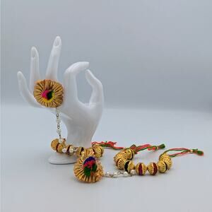 Vintage Indian Hathphool Bracelet & Ring Set | Gold Tone Kundan Style | Jewelry